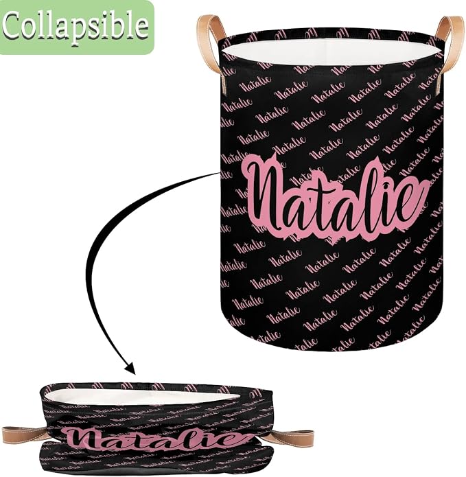 Personalized Laundry Basket, Custom Gift Laundry Hamper, Collapsible Nursery Waterproof Laundry Baskets, Dirty Clothes Toy Hamper with Handles Name Pink Black