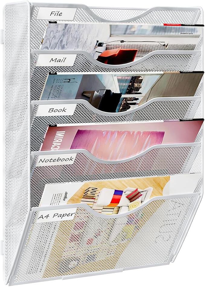 PAG Hanging Wall File Holder, 5 Tier Mail Sorter for Wall, Mesh Office Wall Organizer For Papers/Folders/Files Clipboard & Magazine, White