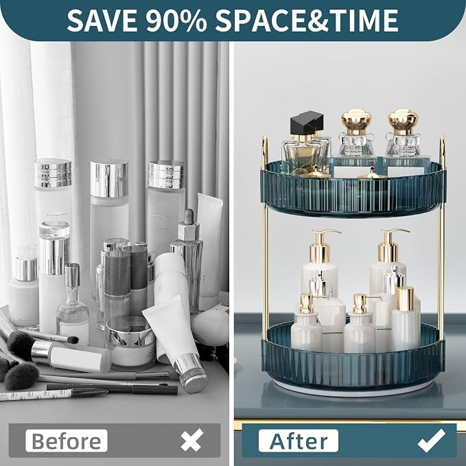 360 Rotating Makeup Organizer for Vanity, Bathroom Countertop Organizer Spinning Perfume Organizer, High-Capacity Cosmetic and Skincare Dresser Make Up Holder Rack (2 Tiers, Blue)