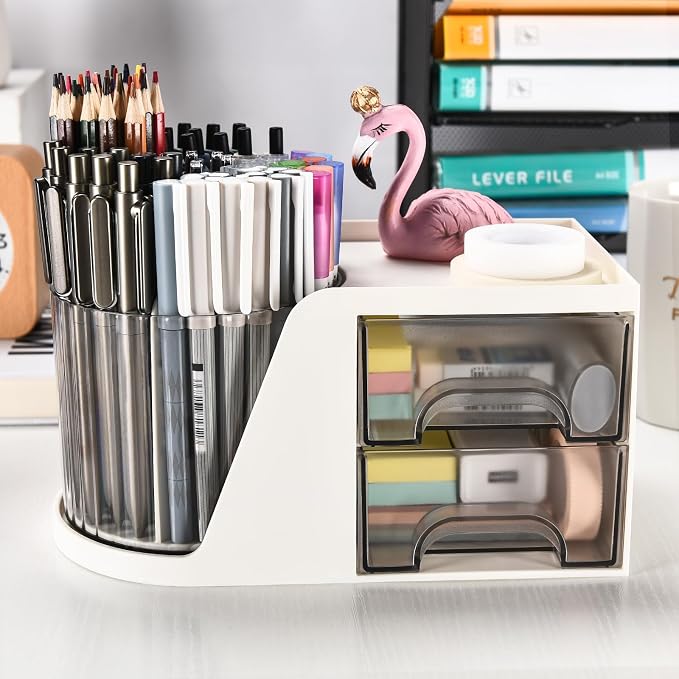 Rotating Desk Organizer with 2 Drawer, Pencil Pen Holder for Desk, Desk Organizers and Accessories with 4 Compartments + Drawer for Office Home Art Supplies (White)