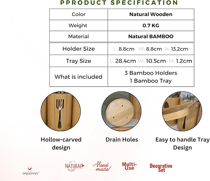 Bamboo Cutlery Holder Set - 3 Kitchen Utensils Holder Organiser with Bamboo Tray | Decorative Kitchen Countertop Stand | Knife, Fork and Spoon Holders