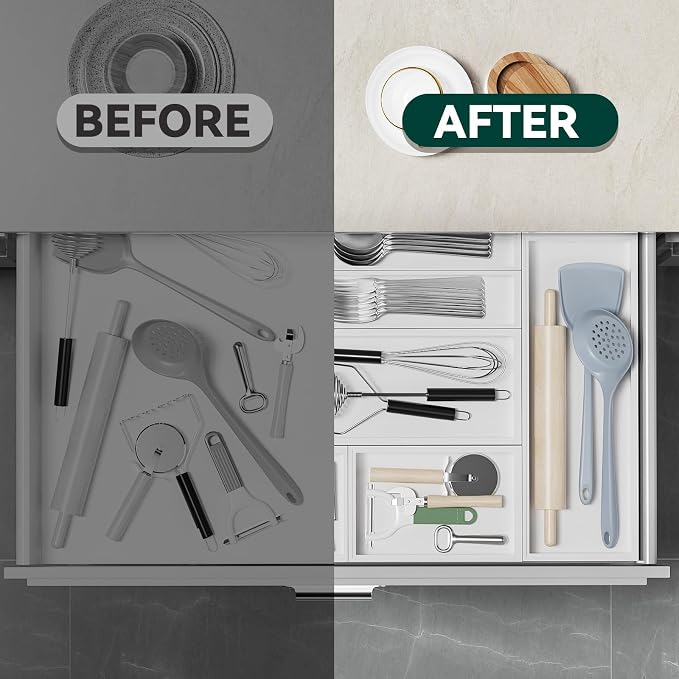 Lixple Utensil Organizer Silverware Drawer Organizer - Set of 2, Stackable Kitchen Organization, Bamboo Storage Box Tray for Kitchen Gadgets Bathroom Countertop (White)