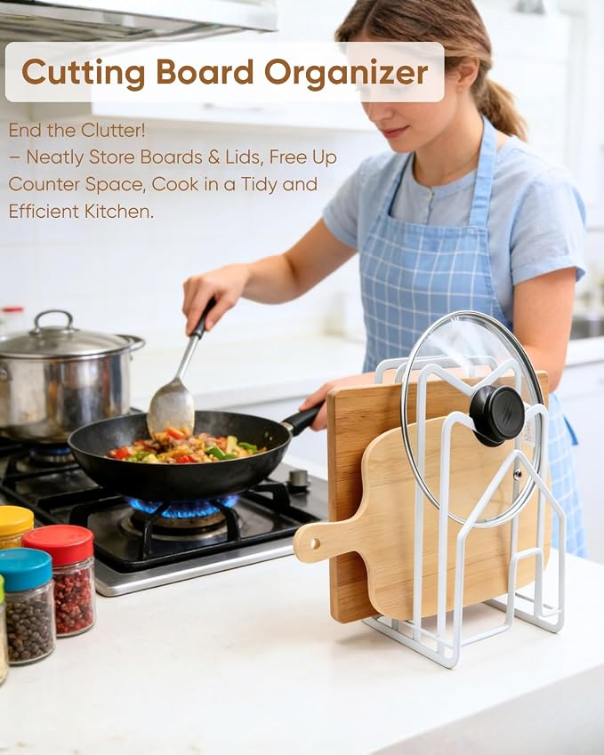 LINFIDITE Cutting Board Rack Chopping Board Organizer Stand Holder Kitchen Countertop Pots Pan Lids Rack Organizer Flat Steel 4.92Lx5.71Wx8.46H in. White