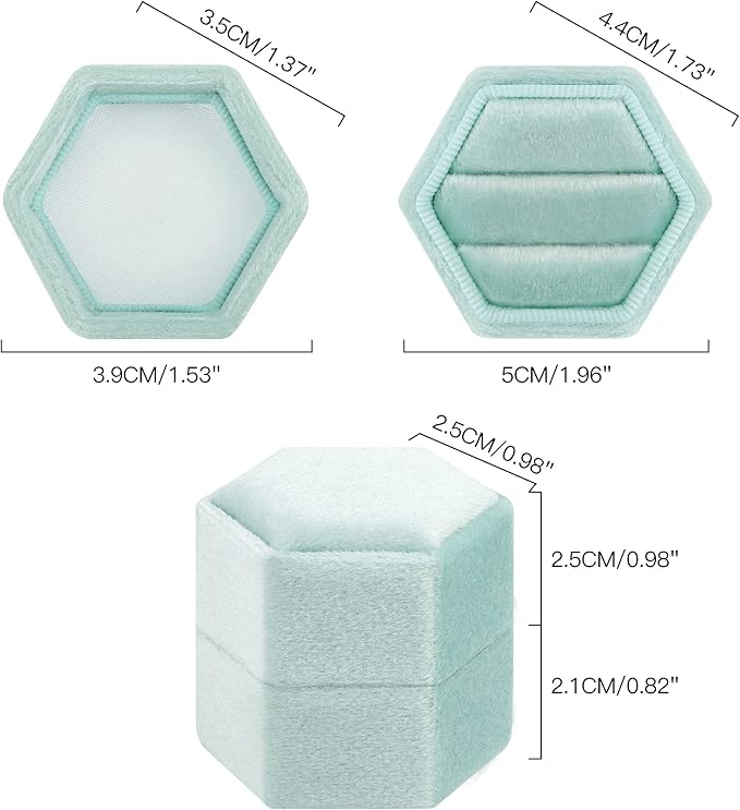 DesignSter Hexagon Velvet Ring Box - Premium Gorgeous Vintage Double Ring Display Holder with Detachable Lid for Proposal, Engagement, Wedding, Ceremony (Mint green)