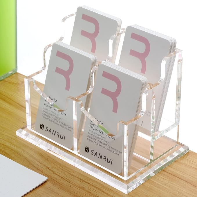SANRUI Vertical Business Card Holder for Desk，Clear Acrylic Business Card Display Stand，4 Slots 2 Tier ，Holds 200 Cards