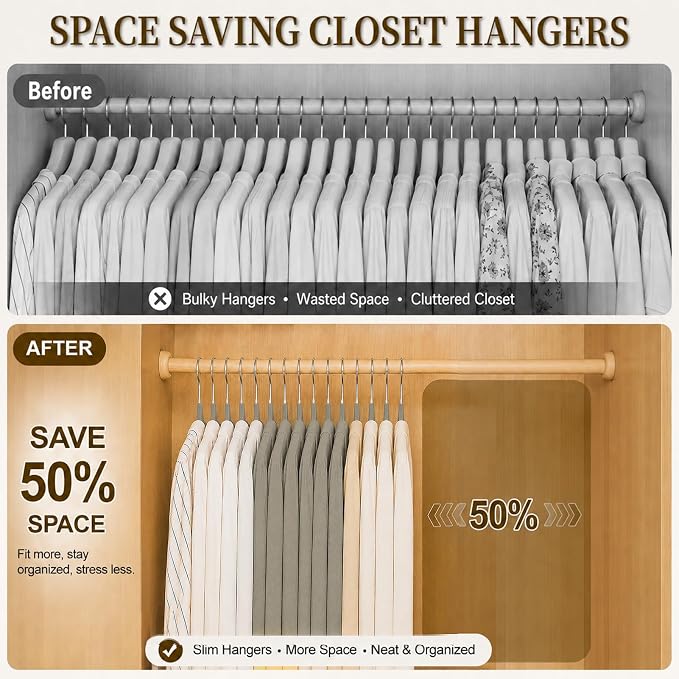 Velvet Hangers 50 Pack, Non Slip Clothes Hangers with Shoulder Notches, Slim Felt Hanger with 360° Swivel Hook, Space-Saving, Heavy Duty, for Coat, Shirt, Pants, Dress, Suits, Gray