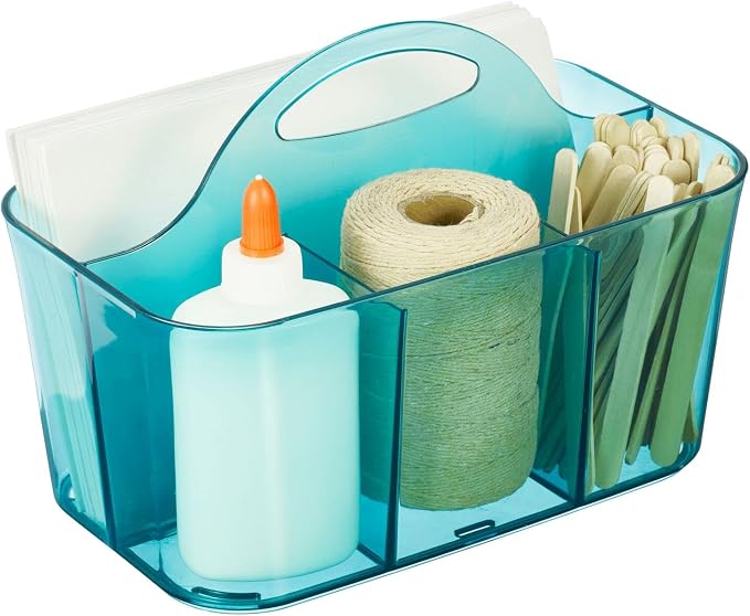 mDesign Plastic Portable Craft Storage Organizer Caddy Tote, Divided Basket Bin w/Handle - Craft, Sewing, Art Supplies - Holds Brushes, Colored Pencils - Lumiere Collection - Dark Aqua Blue Tint