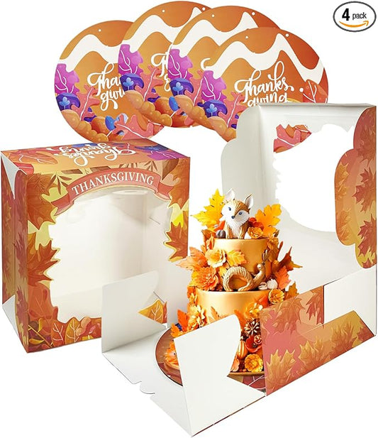 qiqee Thanksgiving 4pcs 10x10x5 inches Cake Boxes with Window 4Packs, 10 Inch Bakery Boxes Orange Maple Leaf Thanksgiving (4 cake boxes +4 Cake Boards Included)