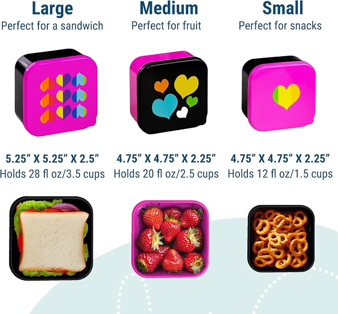 Wildkin Set of 3 Kids Nesting Food Containers for Girls – Stackable, Airtight & BPA-Free Snack Containers, Dishwasher Safe Lunch Box Containers for School & Travel, Ages 3–12 – Rainbow Hearts