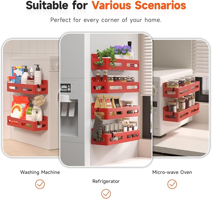 Sevenblue 4-Pack Magnetic Spice Rack for Refrigerator with Hooks, Red | Strong multipurpose magnetic shelf for kitchen & bathroom organization. Includes 4 removable hooks for hanging items.
