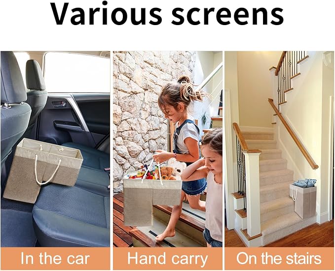 Stair Basket for Stairs with Handle, Staircase Baskets for Carpeted and Wooden Stairs,16" Step Storage Basket for Toys, Clothes, Books, Tools, with Hard Board, Anti-slip (1, Brown)