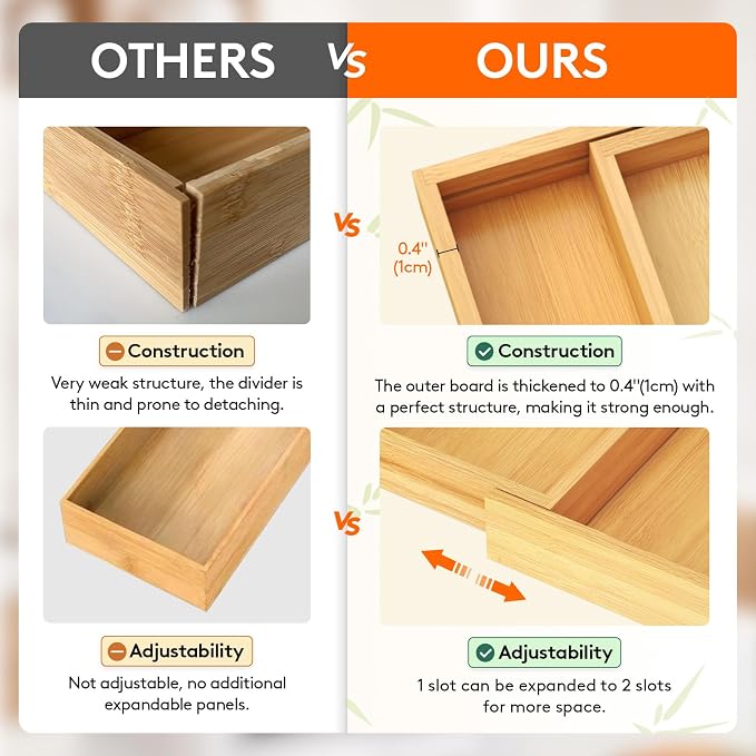 Lifewit Utensil Organizer for Kitchen Drawer, Expandable Cooking Utensil Tray, Cutlery Silverware Flatware Holder, Wood Adjustable Spatula Tools Storage Divider, 7-12 x 15.75", Natural