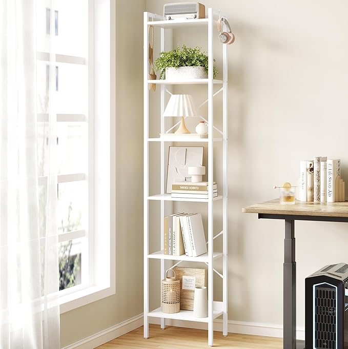 Hzuaneri Bookshelf, Book Shelf, Industrial Bookcase with 2 Hooks, Coner Shelf Storage Organizer for Home Office, Living Room, Bedroom, Kitchen, 6-Tier White BC10713W