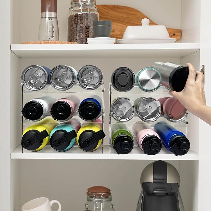 Spaclear 6 Pack Water Bottle Organizer, Stackable Kitchen Home Pantry Organization and Storage Shelf, Plastic Water Bottle Holder for Kitchen Cabinet Storage, Wine Tumbler Travel Mug Cup Organizer