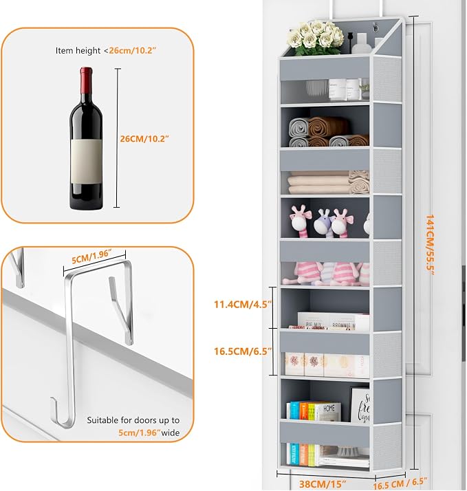 Over The Door Organizer - Over Door Storage Organizer with 5 Large Pockets & 10 Mesh Side Compartments - Heavy-Duty Hanging Storage for Bathroom, Bedroom & Closet - Baby Room Organize - Grey