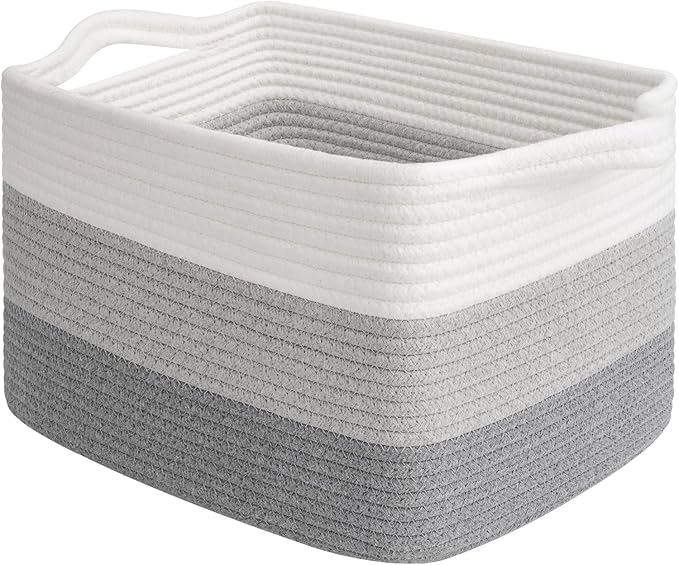 Goodpick Woven Storage Basket, Closet Storage Bins for Books, Towels, Cotton Rope Organizer with Handles, Square Toy Gift Basket for Kids, Gradient Gray, 13 x 10 x 9 Inches