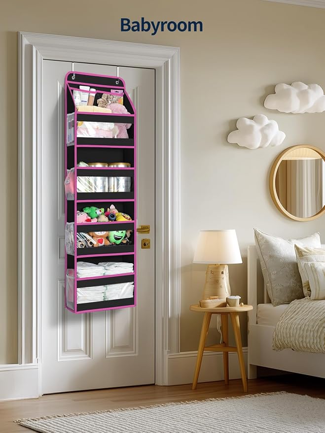 Yecaye 5 Tier Over the Door Organizer, Swing-proof Door Organizer Hanging with Clear PVC Windows, Behind the Door Storage for Bedroom Nursery Closet Laundry Pantry Bathroom, Pink and Black