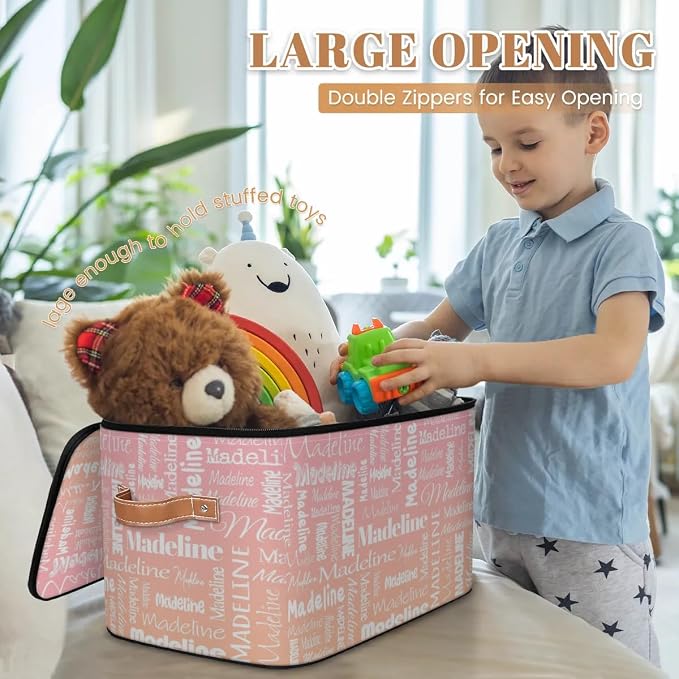 Custom Storage Basket with Name, Personalized Keepsake Box with Zipper Lid, Foldable Fabric Memory Bin Large capacity with Handle Pink Orange