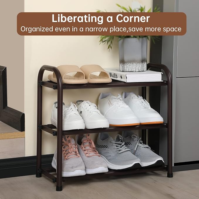 Gonfoam Shoe Rack for Closet, Expandable Shoe Organizer Storage Shelf, Adjustable Metal Free Standing Small Closet Shoe Rack for Entryway, Doorway (3-Tier Bronze)