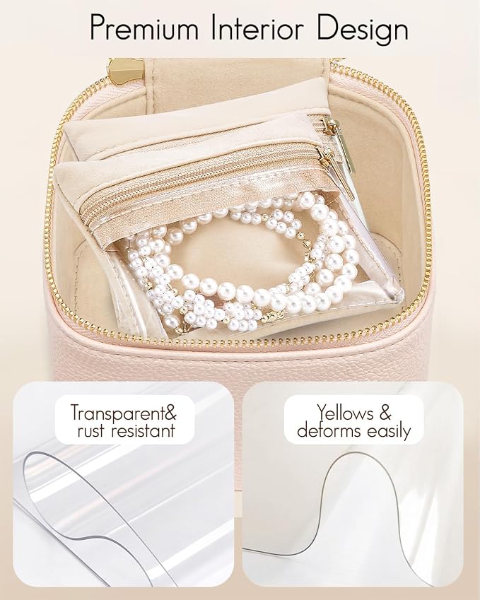 VLANDO Travel Jewelry Organizer Case with 6 Clear Velvet Zipper Pouches, Faux Leather Jewelry Storage Box for Rings, Earrings, Necklaces and Bracelets, Gift for Women Girls