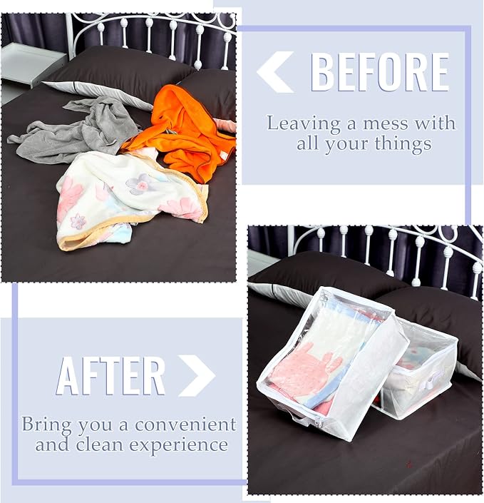 Sadnyy 6 Pcs Clear Storage Bags with Zippers Foldable Clothes Containers Case Plastic Organizer Large Sweater Storage Bins with Handles for Fabric Blanket Cloth Bedding(16 x 12 x 8 Inch,White)