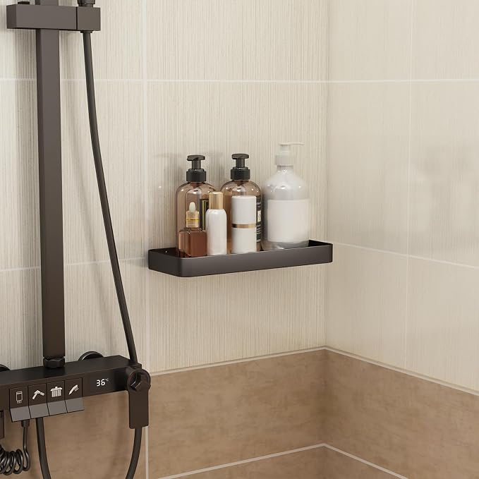 Danpoo 12-Inch Wall Shelf, Clear Tempered Glass with Matte Black Aluminum Frame – Versatile Floating Bathroom Organizer