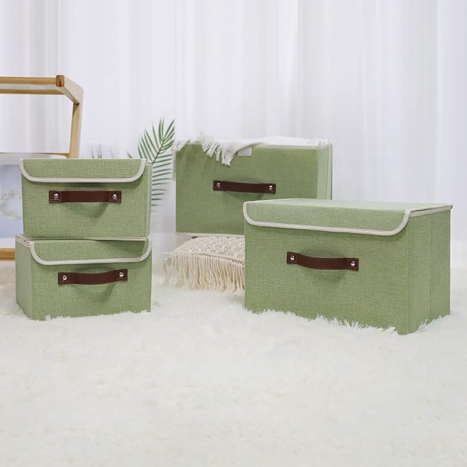 ANMINY 2PCS Storage Bin with Lid Storage Boxes with PU Leather Handles PP Plastic Board Decorative Foldable Lidded Cotton Linen Fabric Home Cubes Baskets Closet Organizer Container - Green, Medium