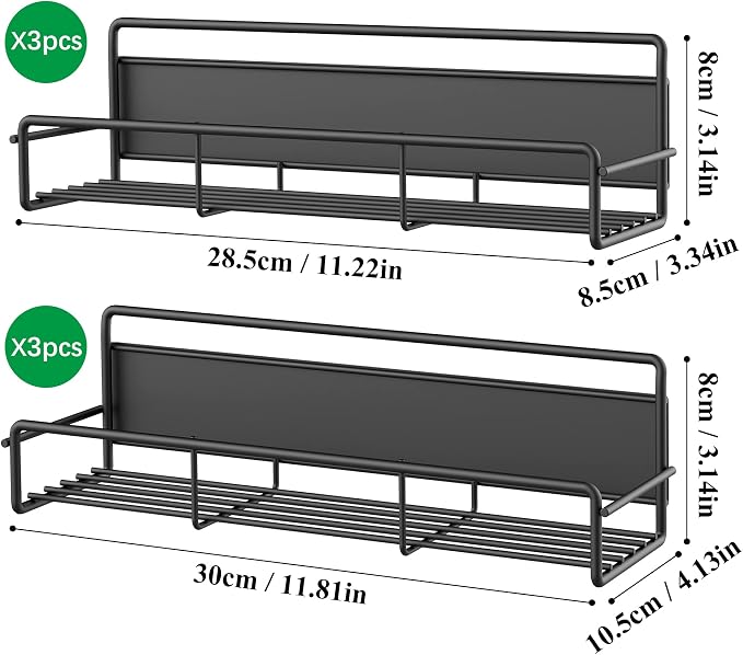 HuggieGems 6 Pack Magnetic Spice Rack Organizer for Refrigerator and Microwave Oven, Metal Fridge Shelf for Kitchen, Matt Black