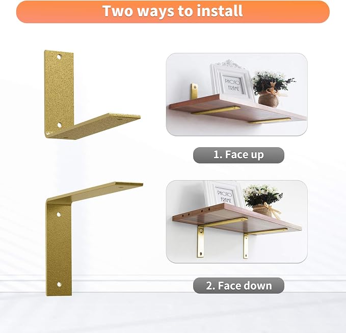 L Shelf Brackets 10 inch, Gold Heavy Duty Iron Shelf Brackets, Industrial Modern Floating Shelf Support for Wall Mount Shelves