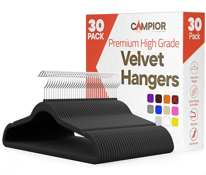 Black Velvet Hangers 30 Pack – 360° Swivel Hook, Non-Slip and Space Saving Hangers, Heavy-Duty 11 lbs Weight Capacity - Smooth Velvet Finish for Crease-Free Clothes and Effortless Closet Organization
