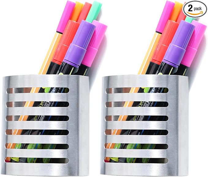 2 Pack Magnetic Modern Pen and Pencil Holder, Metal Writing Utensil Storage Organizer for Kitchen, Locker, Home, or Office, 3.25" x 1.75" x 3.50", Brushed Stainless Steel | Metal Writing Utensil Storage Organizer for Kitchen, Locker, Home, or Office, B...