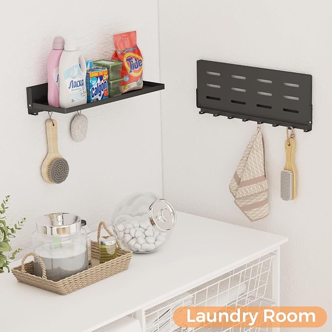 Folding Metal Shelf with Hooks, Wall Mounted Laundry Room Shelf, 8 Hooks & 90° Fold Up, Fold-Down for Rv, Bathroom, Kitchen, Garage, Space Saving, Small Space, Black（17.0", 1 Pack）