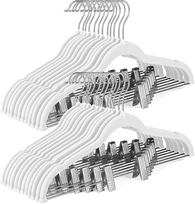 HOUSE DAY Velvet Skirt Hangers 24 Pack, White Velvet Hanger with Adjustable Clips, Space Saving Slim Pant Hangers, Heavy Duty Non Slip Clip Hanger for Pants, Skirts, Shorts | Velvet Hanger with Adjustable Clips, Space Saving Velvet Pant Hangers, Heavy ...
