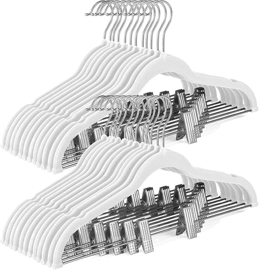 HOUSE DAY Velvet Skirt Hangers 24 Pack, White Velvet Hanger with Adjustable Clips, Space Saving Slim Pant Hangers, Heavy Duty Non Slip Clip Hanger for Pants, Skirts, Shorts | Velvet Hanger with Adjustable Clips, Space Saving Velvet Pant Hangers, Heavy ...