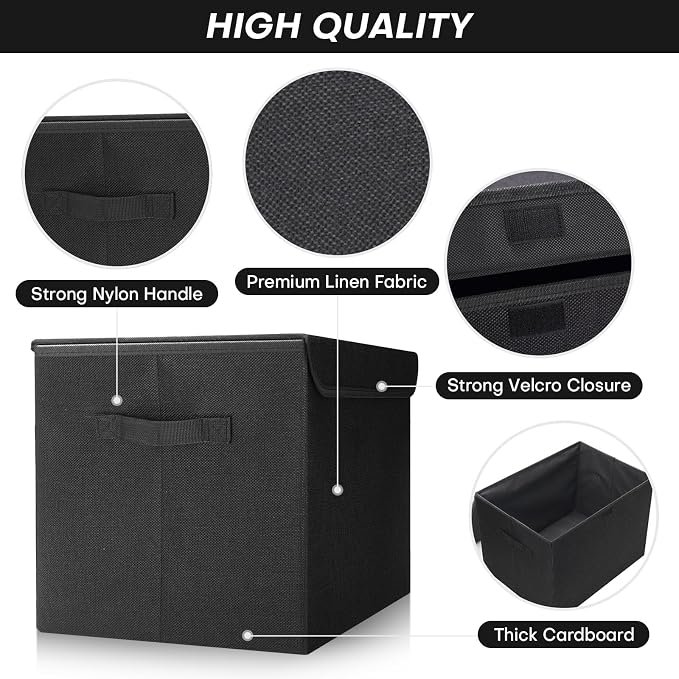 Bagnizer Large 42 Quarts Fabric Storage Bins with Lids [2-Pack] Linen Collapsible Foldable Storage Cubes, Closet Organizer Containers boxes with Handles for Home Office (16.7 x 12 x 12, Black)