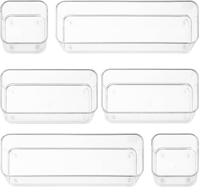 primebox Six Pieces - Clear Plastic Drawer Organizer Bins - Stackable, Non-Slip, 3 Sizes