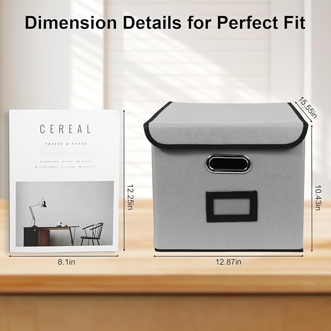 File Storage Box with Lid, 15.55x12.87x10.43 Inches, Foldable Organizer with Handles & Label Slot, for File Storage, Home, Office, and Closet Organization(Grey)