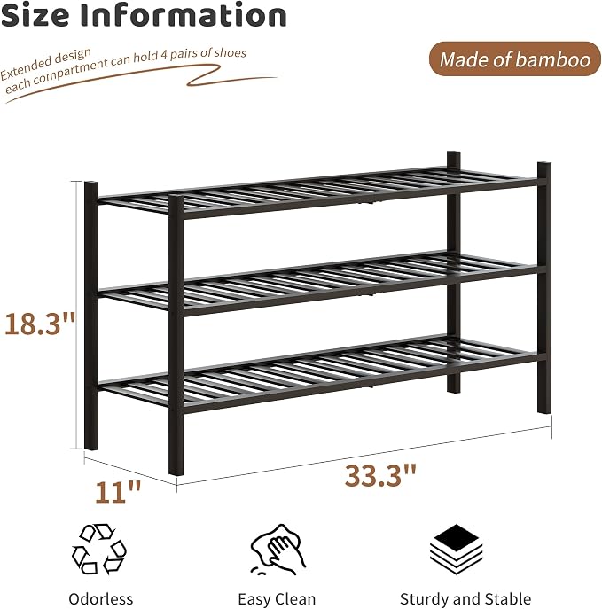 Bamboo Shoe Rack Stackable Shoe Shelf Storage Organizer for Unit Entryway Hallway and Closet Sturdy Freestanding Shoe Shelf(3L Tier Black)