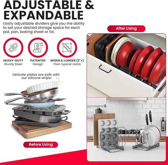 Better Things Home 7.5” Wide 12-Slot Adjustable Large Pan and Pot Lid Organizer with Scratch-Free Pads, Expandable Pot Lid Holder Rack for Cabinet, Pots and Pans Organizer Inside Cabinet