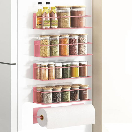 Magnetic Spice Rack For Refrigerator Magnetic Fridge Shelf For Kitchen Spice Organizer Magnetic Shelf For Fridge Space Saving Pink 4 Pack With Magnetic Paper Towel Holder