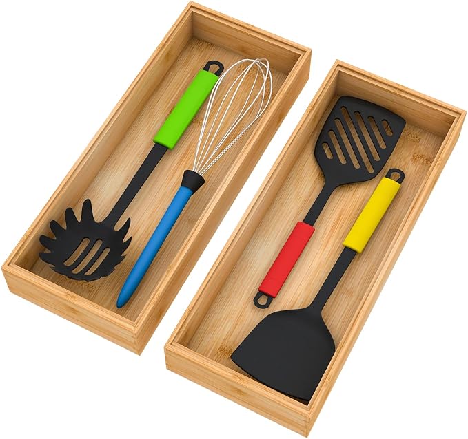 Drawer Organizer Storage Box Kitchen - Wood Stackable Tray Utensil Organizer for Office Drawers,Cabinets,Shelves,Pantry,or Bathroom Counter,Drawer Dividers for Silverware Set of 2（15x6x2.5inch）