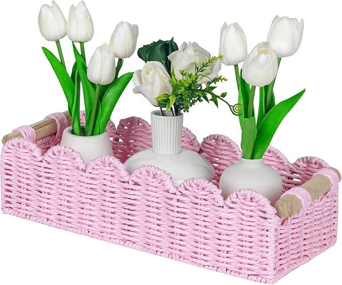 CubesLand Paper Rope Scalloped Edge Gift Basket Empty, Small Living Room,Bedroom Decor Baskets, Pink Woven Toilet Paper Storage Basket, with 2 Wooden Handle, Rectangular