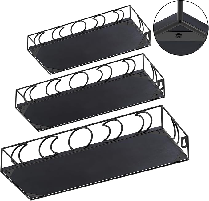 Moon Phase Wall Shelves Black, 3 Pack Small Floating Book Plant Shelves for Bedroom Kid Room, Decorative Storage Display Shelf for Crystal Figurine Collectibles