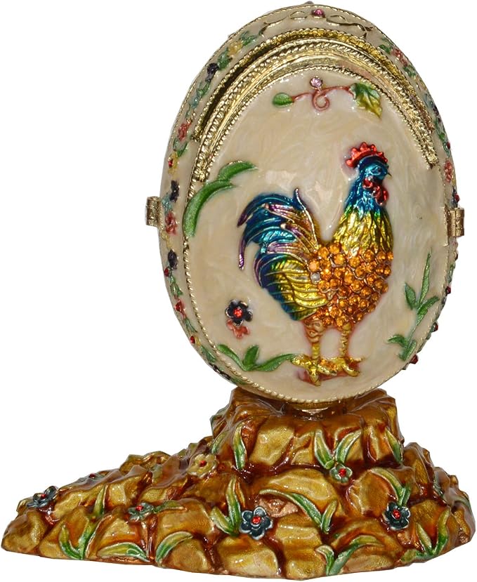 Rooster on Faberge Egg Trinket Box Jewelry Box Hand Painted Decorative Box with Hinged Lid Ring Earring Holder Easter Egg Collectible