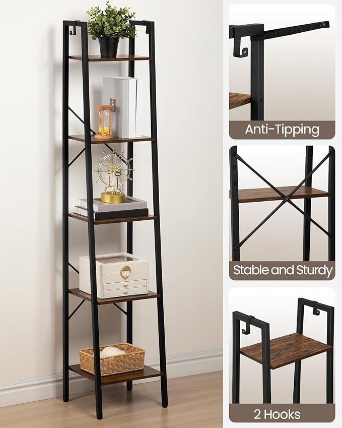 Hzuaneri Ladder Shelf, Bookshelf Bookcase, Freestanding Corner Storage Shelve with 2 Hooks for Home Office, Living Room, Kitchen, Bedroom, Industrial, 11.8" D x 13.4" W x 63" H, Rustic Brown BC03201B