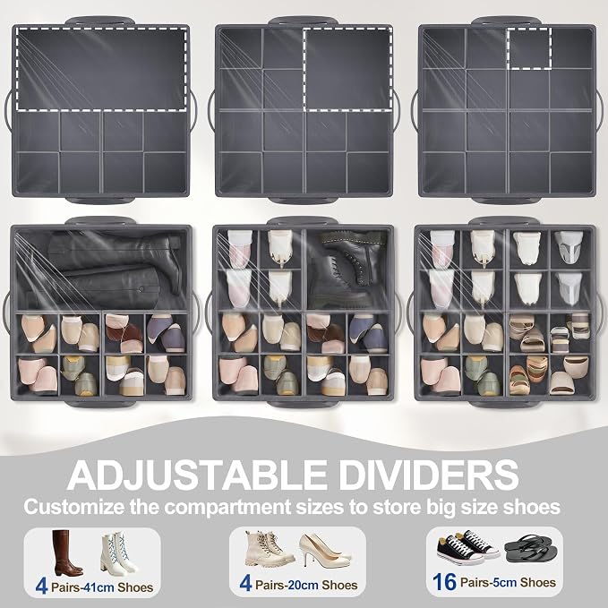 Large Shoe Organizer for Closet, 16 Pairs Shoe Storage Box with 360° Wheels & Reinforced Handles, Adjustable Dividers, Clear Cover, Side Pocket, Foldable Oxford Fabric Bin for Entryway, Grey
