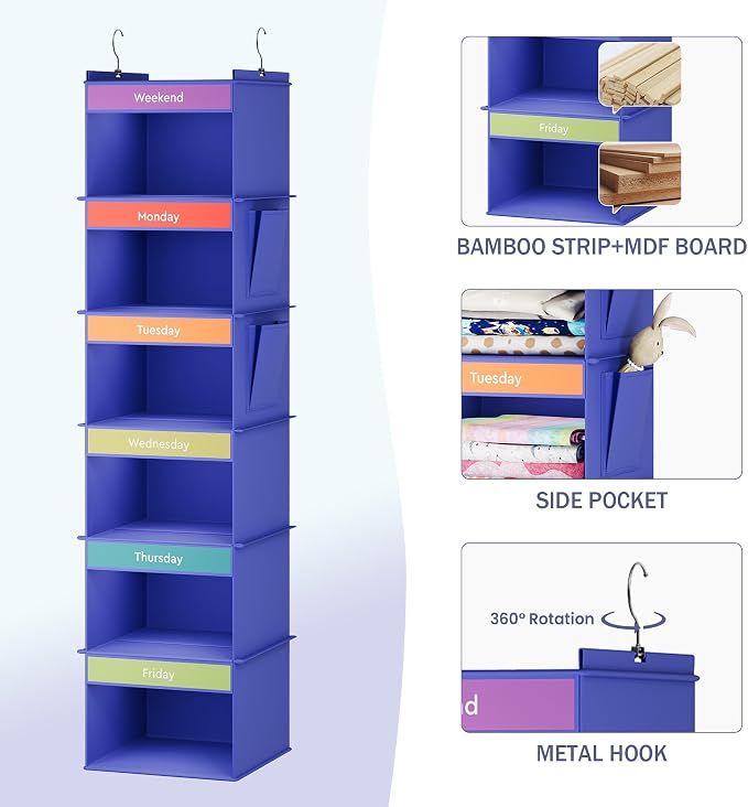 YOUDENOVA 6-Shelf Weekly Hanging Closet Organizer, Weekly Clothes Organizers for Kids with 2 Side Pockets, Blue