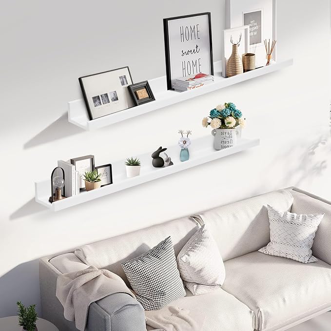 Muzilife 45.3" Large Floating Wall Ledge Shelves with Lip - Set of 2 Wood Floating Shelves - White Wall Mounted Picture Ledge for Office, Bathroom, Bedroom, Living Room, Kitchen