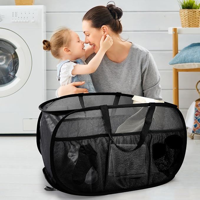 Collapsible Laundry Baskets, Upgrade Pop Up Laundry Hamper with Convenient Bags, Foldable Laundry Basket Mesh Light Weight, Easy to Carry Clothes Hampers for Laundry, Dorm, Toys, Travel Black