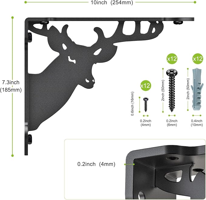 SELEWARE Heavy Duty Shelf Brackets 10 Inch, Deer Shelves Brackets, 300LB Capacity Decorative Metal L Brackets for Floating Shelves, Black Rustic Wall Mount Shelving Bracket with Screws, 4 Pack